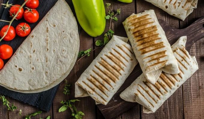 Lavash rolls with crab meat, avocado, vegetables and rice