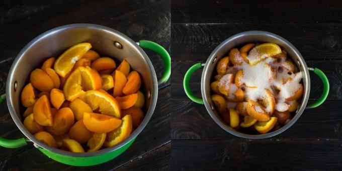 Jam from apricots and oranges: fruit, pour sugar