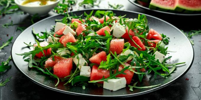 Salad with watermelon, feta, arugula and balsamic dressing