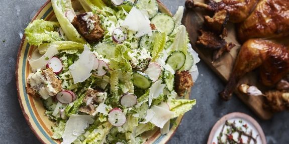 Caesar salad with chicken, cucumber and radish from Jamie Oliver