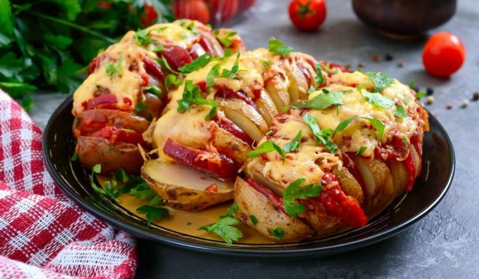 Potatoes stuffed with sausage and cheese