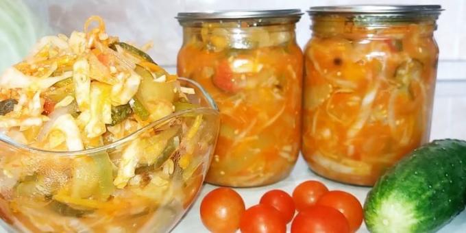 Salads of cabbage for the winter: Cabbage salad with cucumbers, eggplants, peppers and tomatoes