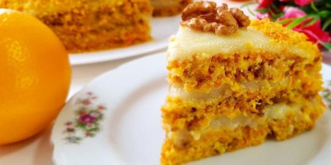 Meatless Carrot cake with nuts and orange cream
