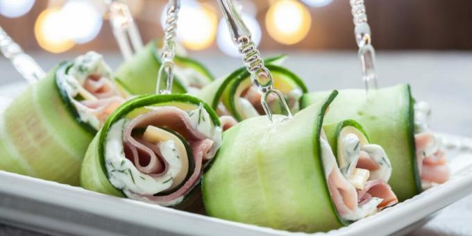 Cucumber rolls with two types of cheese and ham