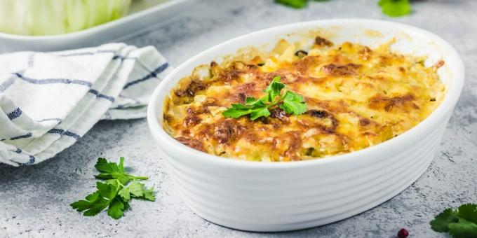 Cabbage casserole with chicken and mushrooms