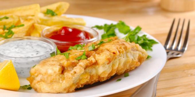 Fish in batter with onion, garlic and yoghurt
