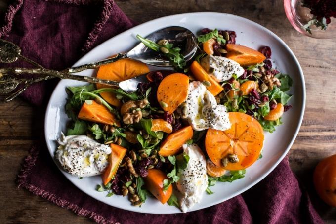 Recipe: Winter healthy salads with persimmon - with cranberries and mozzarella