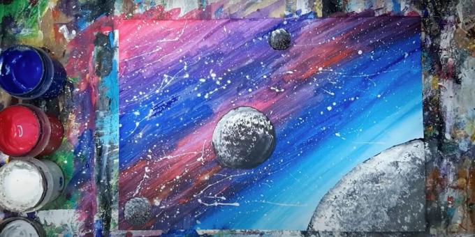 How to paint space with gouache: add two more planets