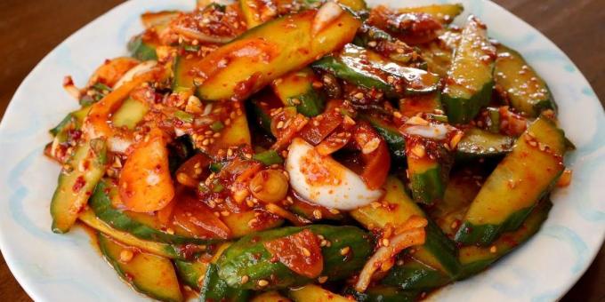 Cucumbers in Korean with onion, garlic, soy sauce and sesame oil