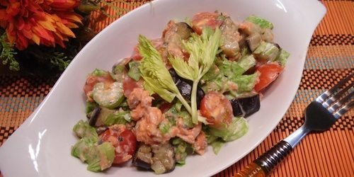 Eggplant salad, canned fish and celery