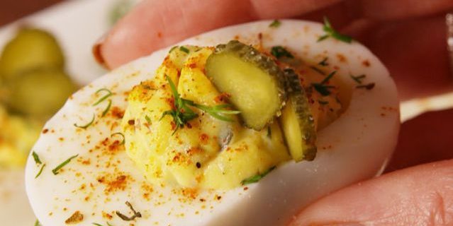 Stuffed eggs with pickled cucumbers