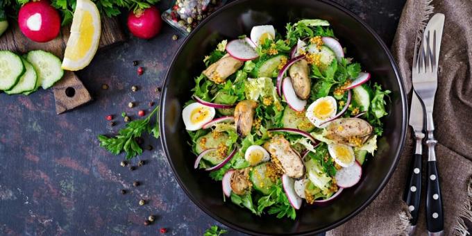 Salad with mussels, eggs and radishes