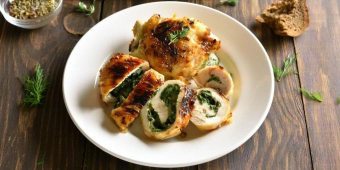 Chicken rolls with two types of cheese and spinach