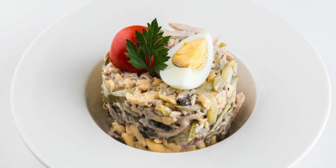 Liver salad with mushrooms and cucumbers