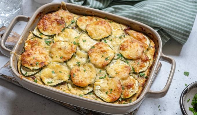 Zucchini casserole with minced meat and cottage cheese