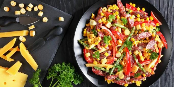 Salad with sausage, corn and bell pepper