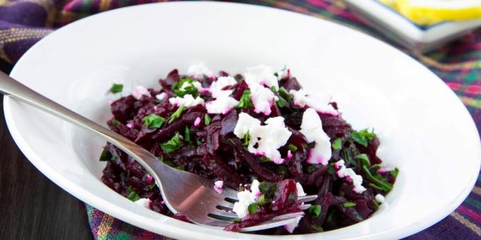 Salad with baked beets, beet tops and cheese