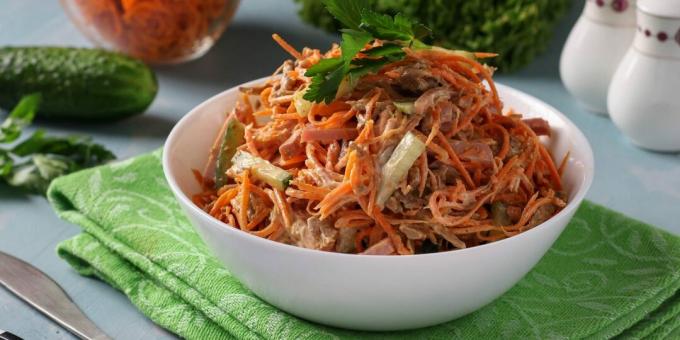 Salad with Korean carrots, cucumbers and ham
