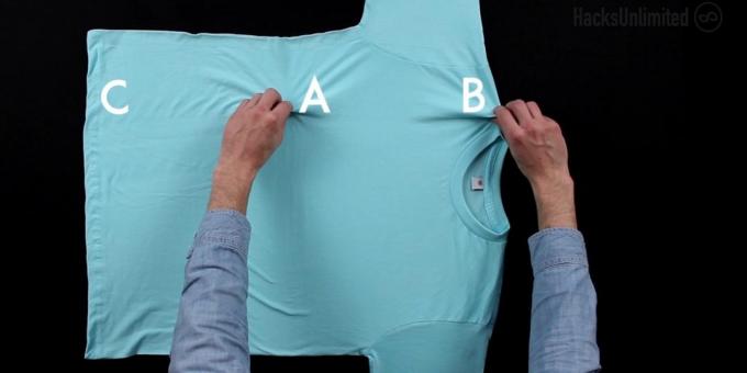 Grab the fabric with your left hand on the point A, and the right hand - to point B