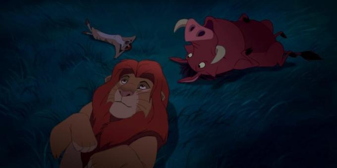 Cartoon "The Lion King": Simba, Timon and Pumbaa are under the night sky and think about the nature of stars