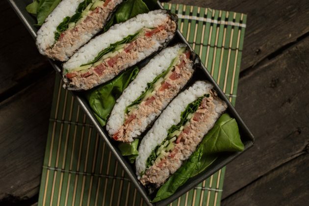 The classic onigirazu sushi sandwich can be served with or without soy sauce