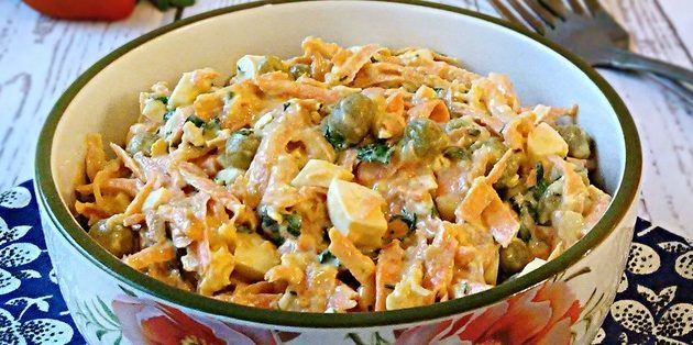 Salad with canned peas, carrots, eggs and soy-mustard dressing