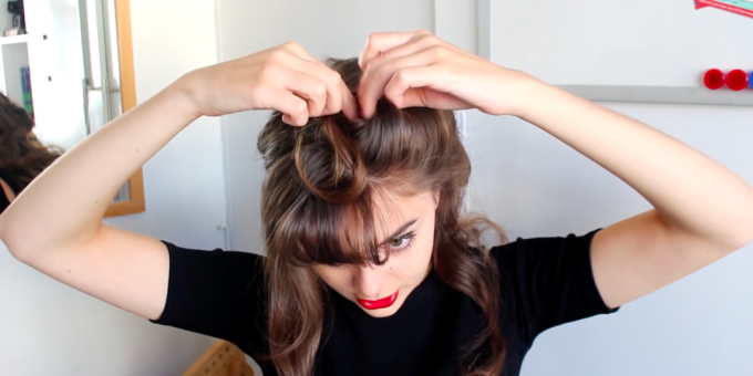 Hairstyles with bangs: twist the strand into a bun