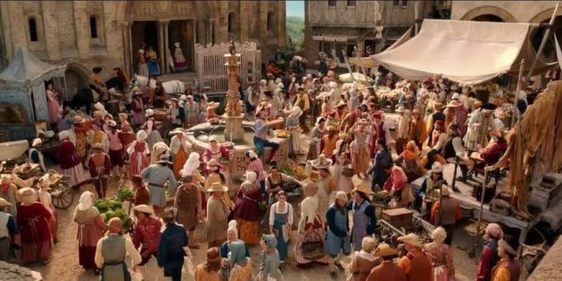 Belle and the villagers in the movie 2017