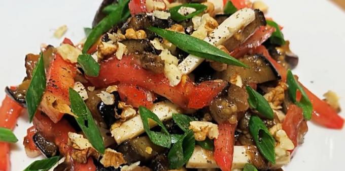 Salad of eggplant, tomatoes, cheese and nuts