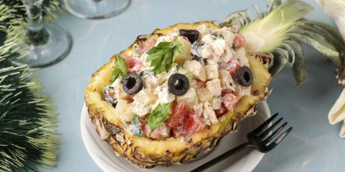 Salad with chicken in pineapple