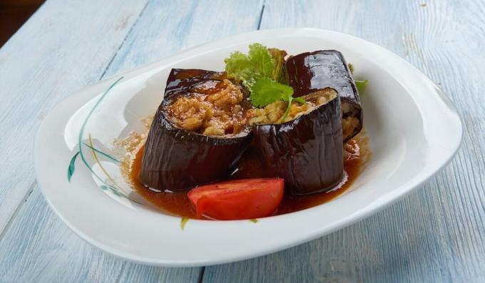 Eggplant with minced meat in a pan
