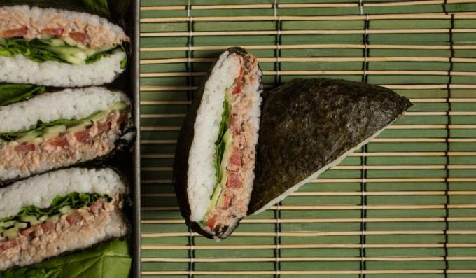Classic sushi sandwich onigirazu with tuna and spinach