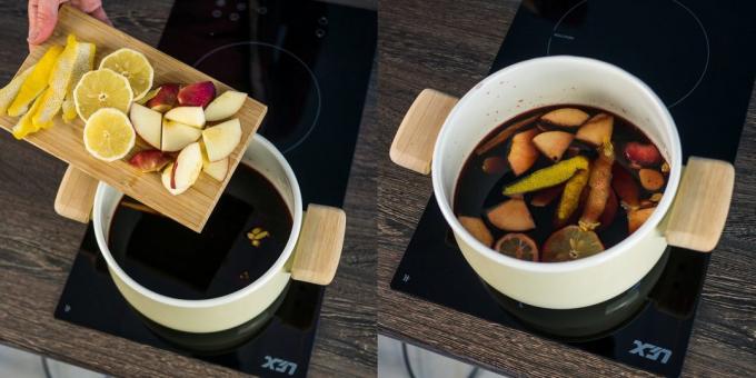 How to cook a mulled wine: Add the lemon pulp, peel apples