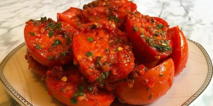 Tomatoes in Korean for the winter with garlic, bell and hot peppers and parsley