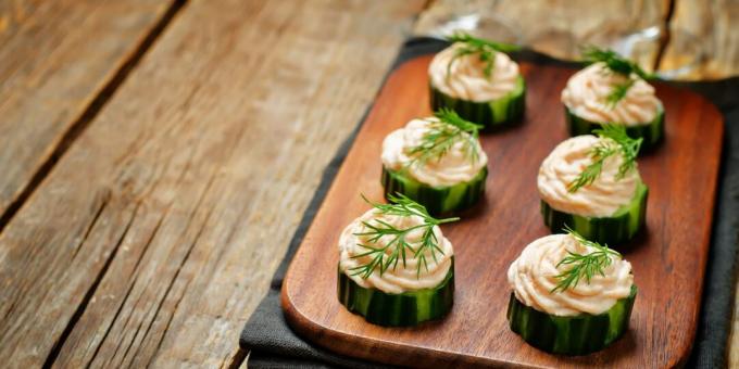 Crab stick mousse on cucumbers