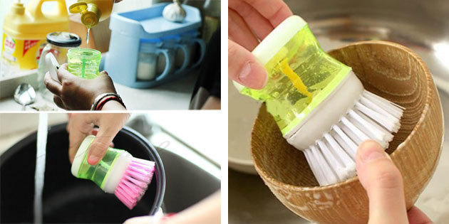 Brush with a container for the detergent