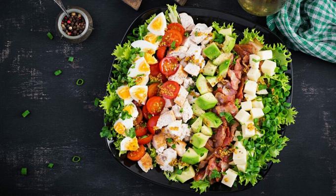 Cobb salad with turkey, cheese and mustard dressing