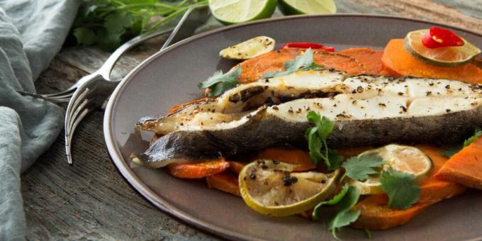 Halibut baked with sweet potato and lime