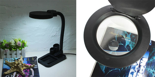 A lamp with a magnifying glass and the stand