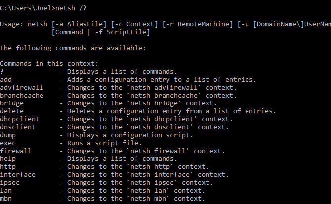 console command: netsh-help