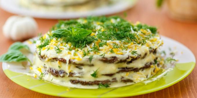 Liver cake with egg and cheese filling