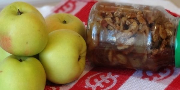 Jam made from apples, lemon and nuts with brandy