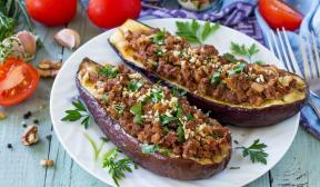Eggplant boats with lamb and pomegranate sauce