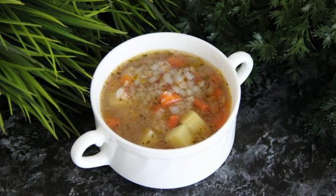 Stewed meat soup with potatoes and buckwheat