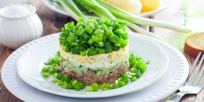 Salad with canned fish, green onions and eggs