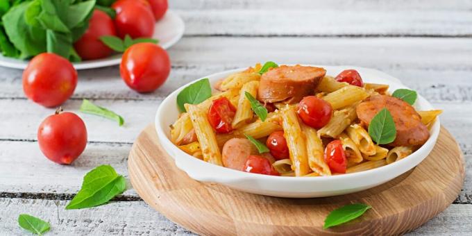 Pasta with sausage in one dish. The simplest dish