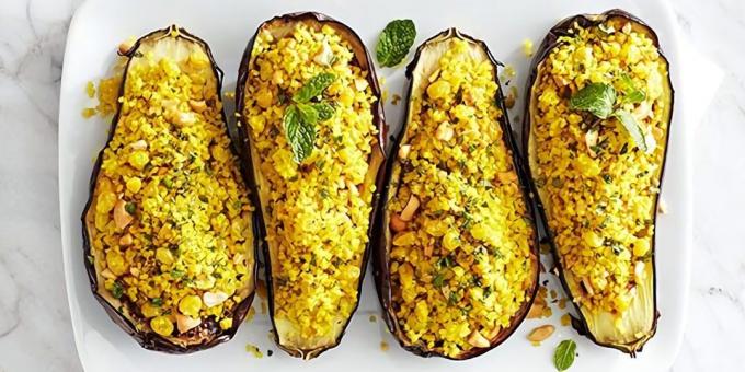 Stuffed eggplant with bulgur and cashews