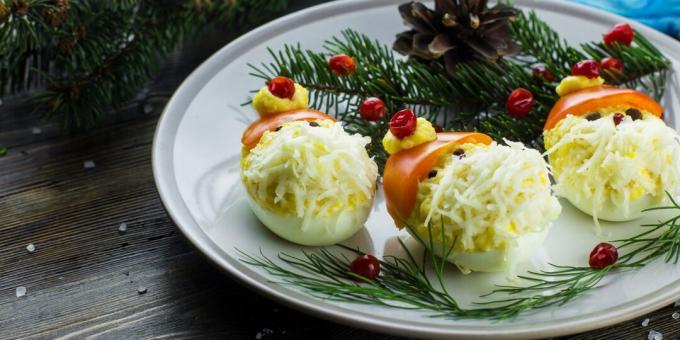 A truly New Year's snack! Stuffed eggs " Santa Claus"