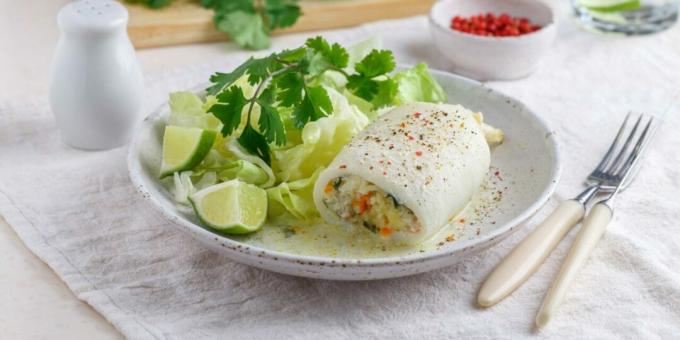 Squid stuffed with rice and vegetables