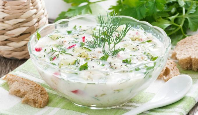 Okroshka with smoked chicken